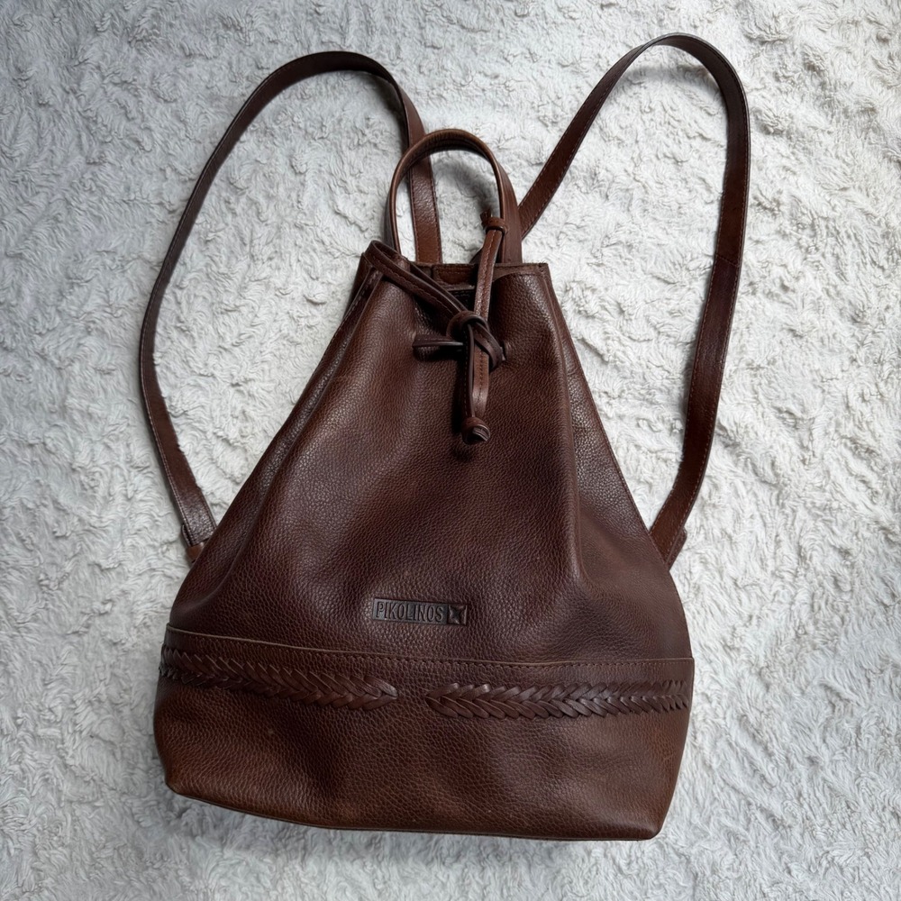 Pikolinos Brown Leather Drawstring Backpack Shoulder Bag Made in Spain Braided - Picture 2 of 14